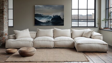 Fototapeta premium Coastal Wave Art Sectional Sofa Living Room