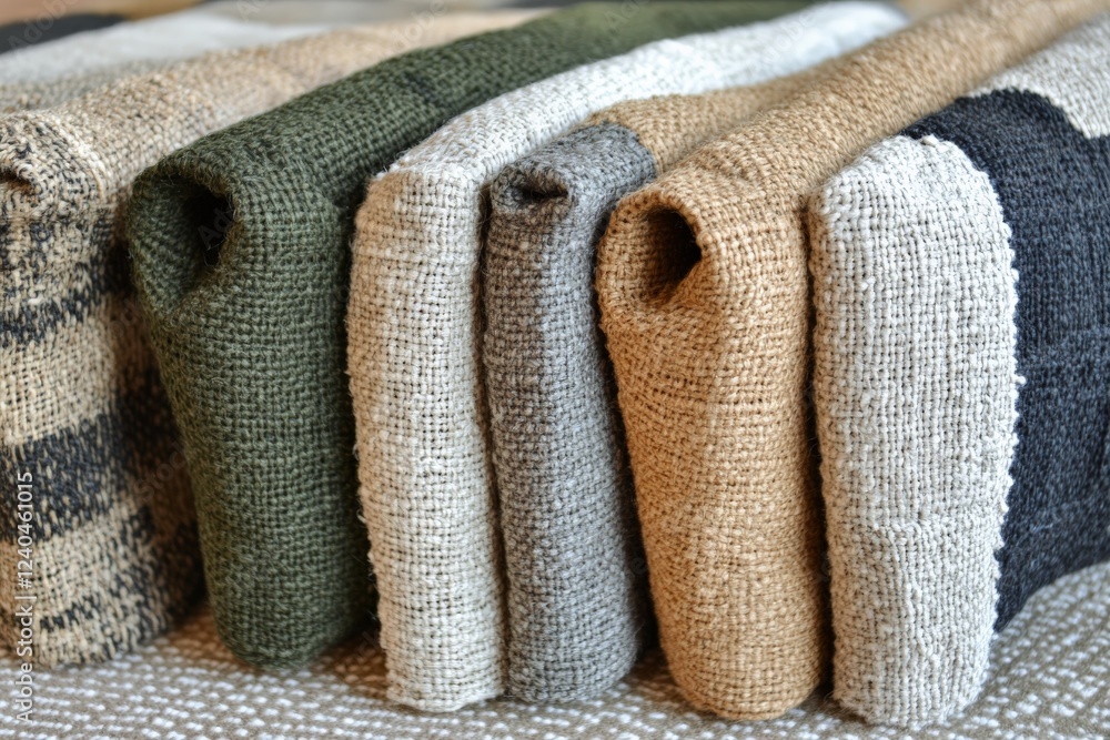 Poster colorful fabric rolls neatly arranged in a workshop showcasing various textures and patterns for pot