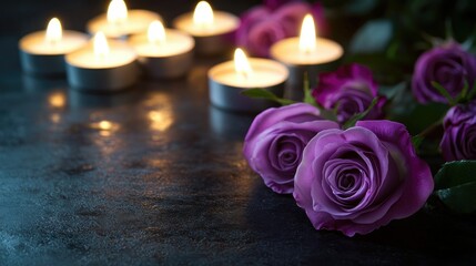 Lit candles illuminating purple roses on a dark glossy background, creating a peaceful and contemplative funeral theme