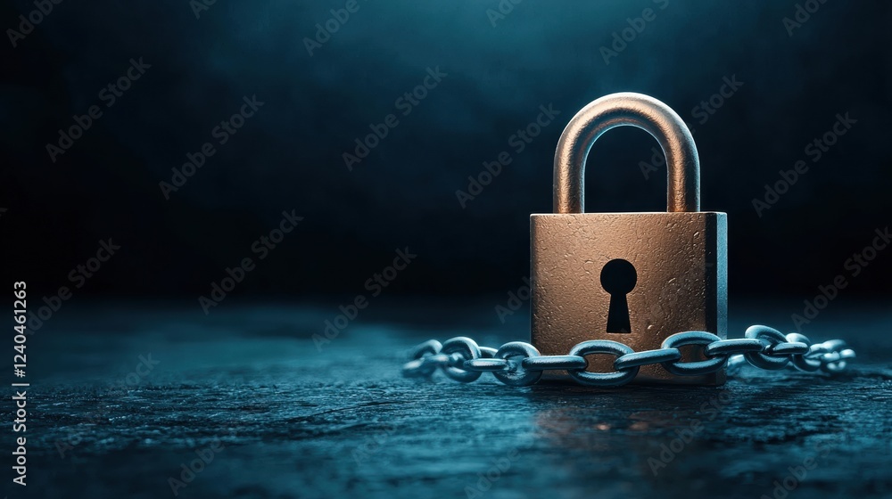 Poster security risk threat padlock with a chain around a computer, dark background, representing data secu
