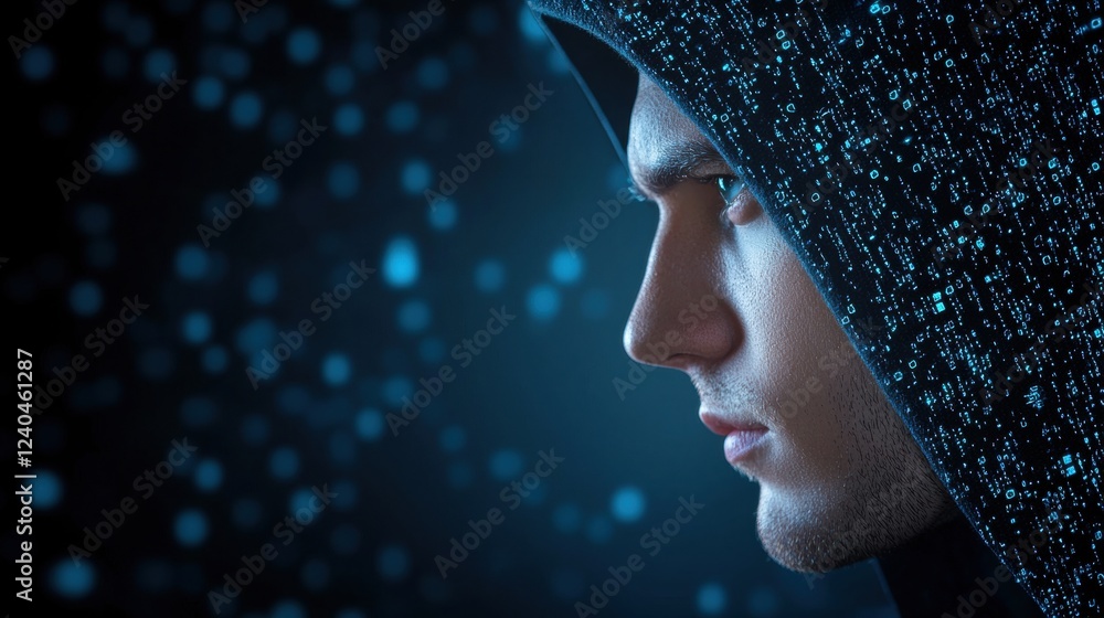 Poster security risk threat person in a dark hoodie looking at a computer screen with malicious code, dimly