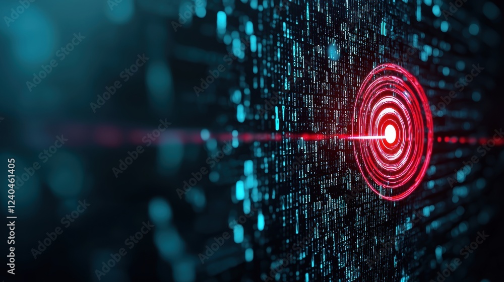 Poster security risk threat target with a bullseye on a computer screen, dark background, representing targ