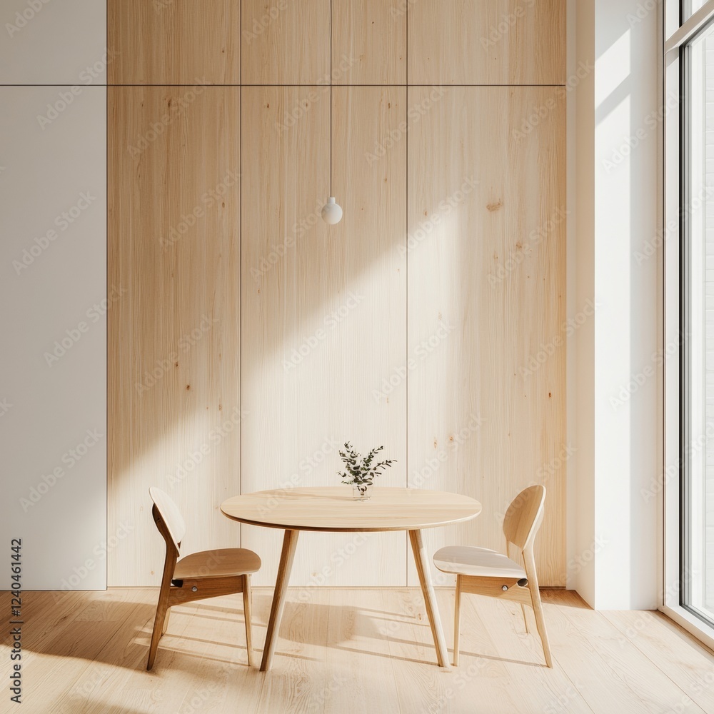 Poster minimalist dining in modern apartments space-saving foldable table and stackable chairs in light woo