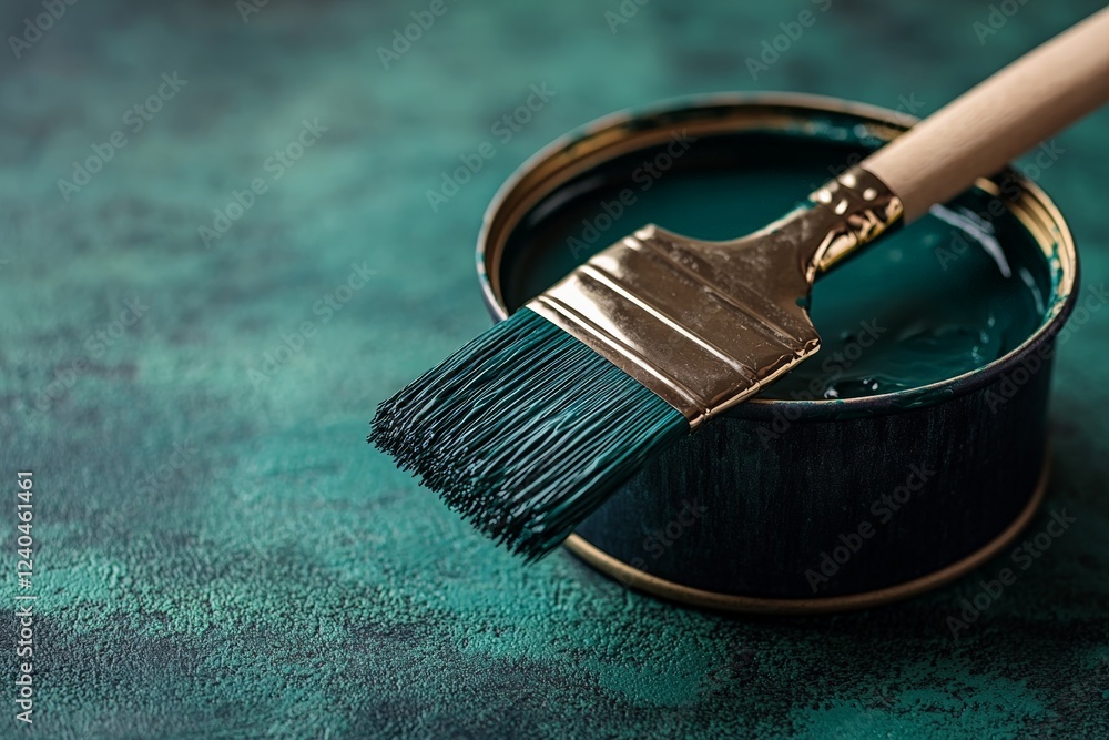 Poster brush and can of teal paint resting on textured surface during creative project