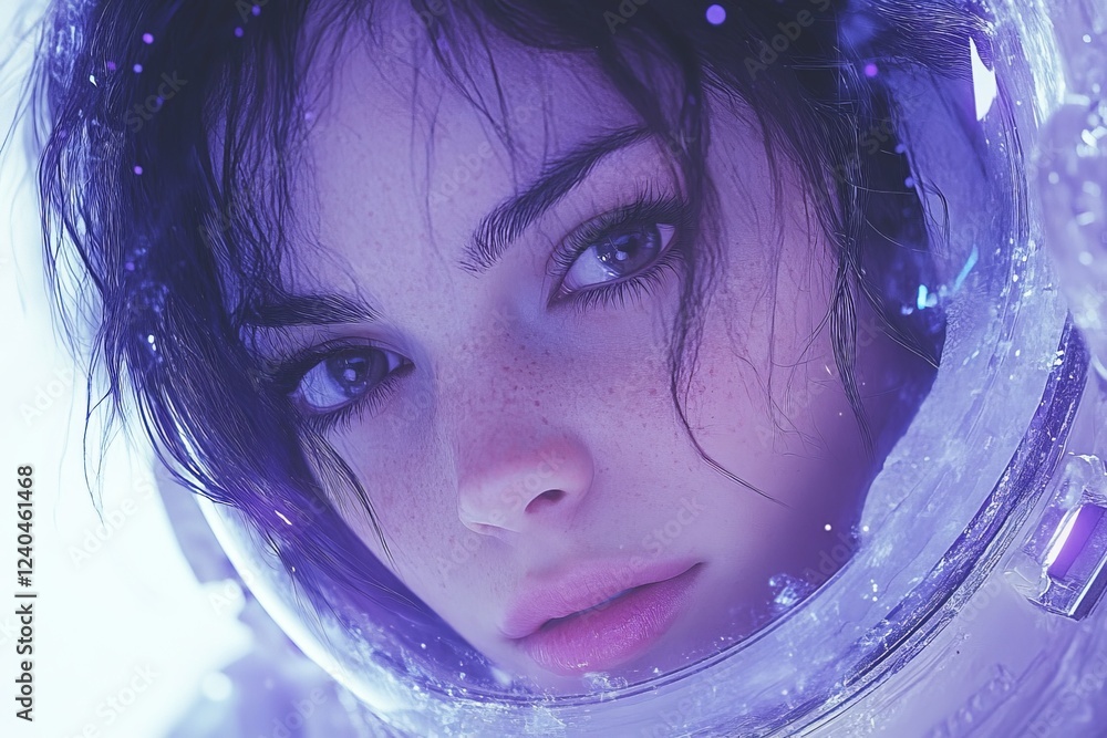 Poster astronaut with striking features gazes into the distance in a futuristic setting