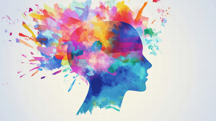 colorful abstract representation of mind with vibrant splashes of paint, symbolizing creativity and imagination. silhouette of head showcases blend of colors