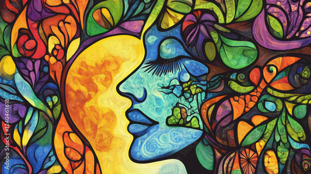 Poster colorful abstract representation of mind in harmony, featuring vibrant colors and intricate patterns