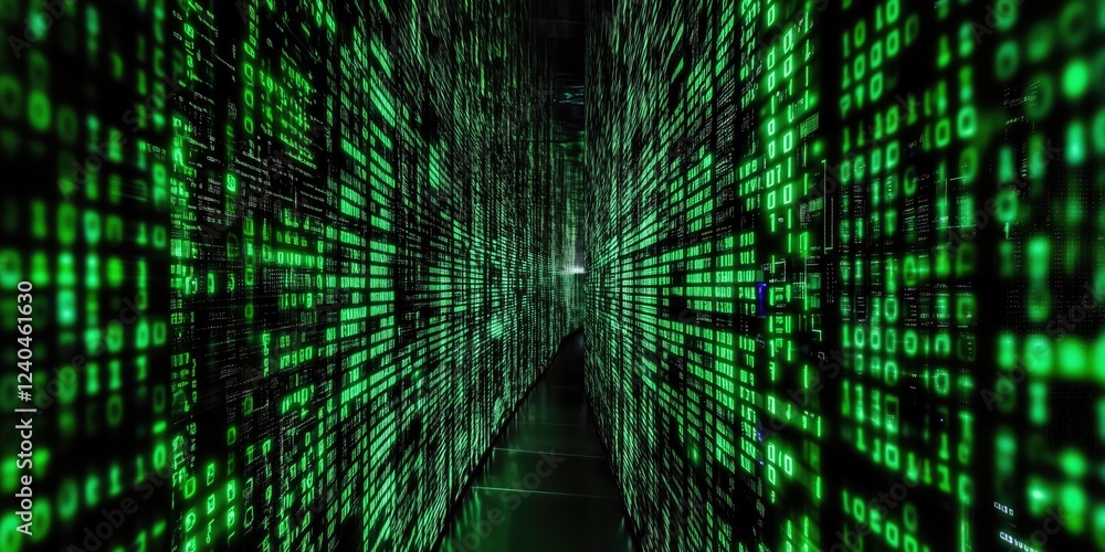 Poster a futuristic corridor filled with glowing green binary code, representing technology, data flow, and