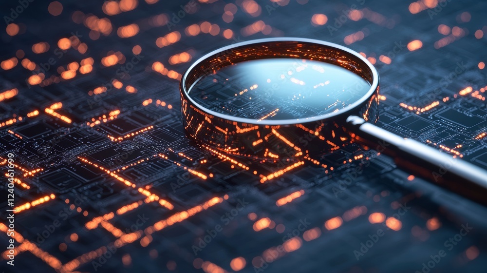 Poster security risk data magnifying glass over a computer screen with sensitive data, dark background, rep