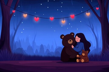 A serene night scene depicts a girl cuddling a teddy bear under heart-shaped lights, surrounded by a tranquil forest ambiance.