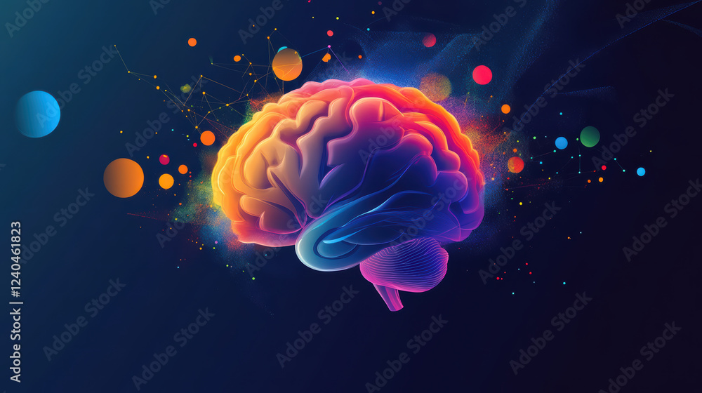 Poster colorful abstract representation of brain in motion, showcasing vibrant colors and dynamic shapes th