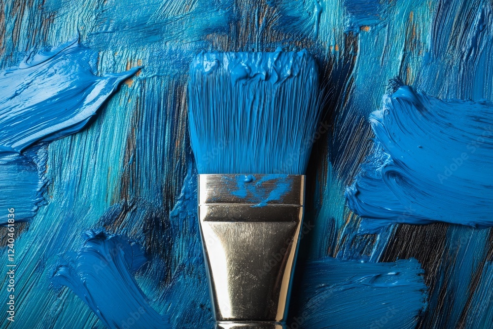 Aufkleber bright blue paint brush resting on textured blue canvas with strokes and swirls during creative art 