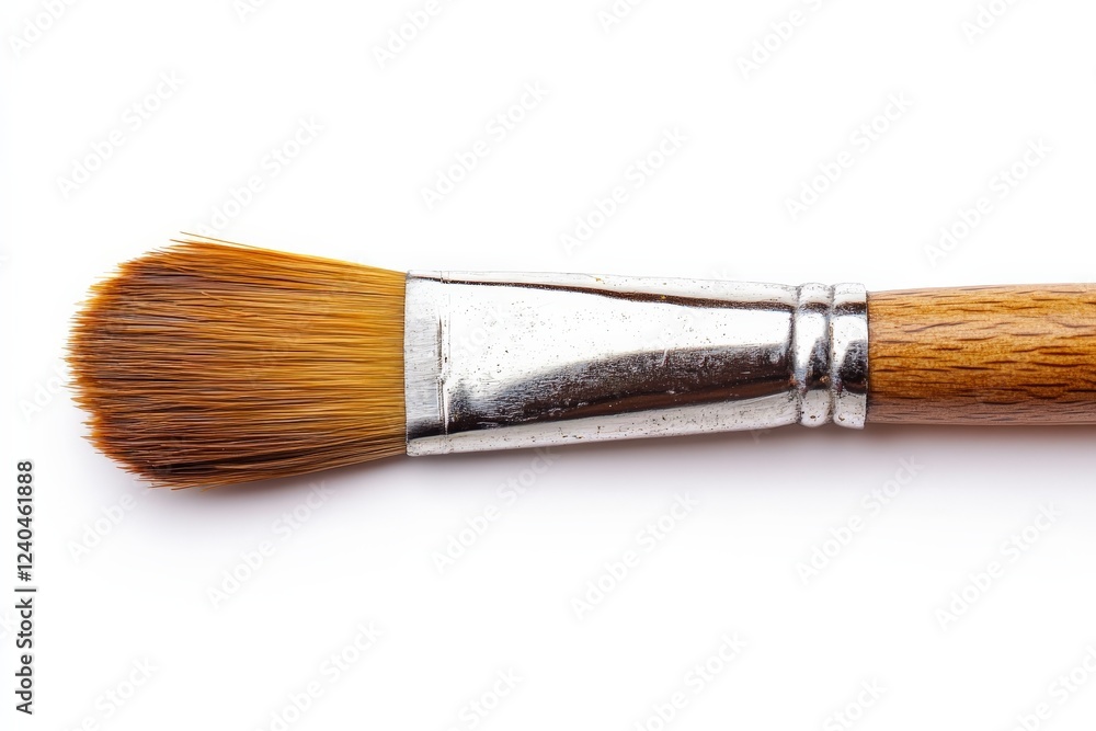 Poster Close-up view of a paint brush with a wooden handle and soft bristles resting on a plain surface