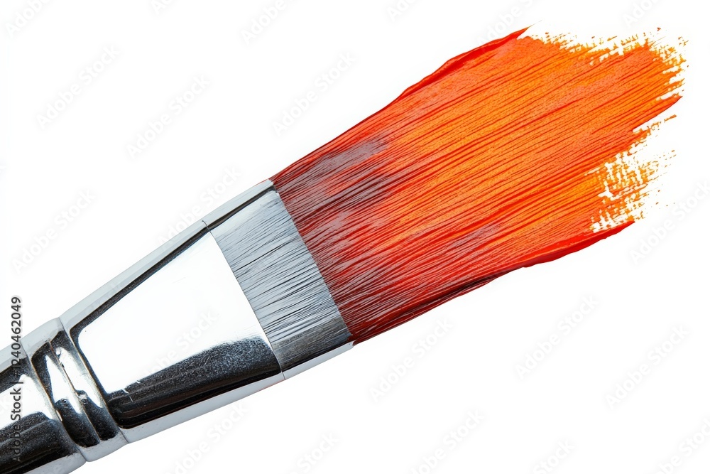 Aufkleber brush covered with vibrant orange paint ready for artistic creation in a studio setting
