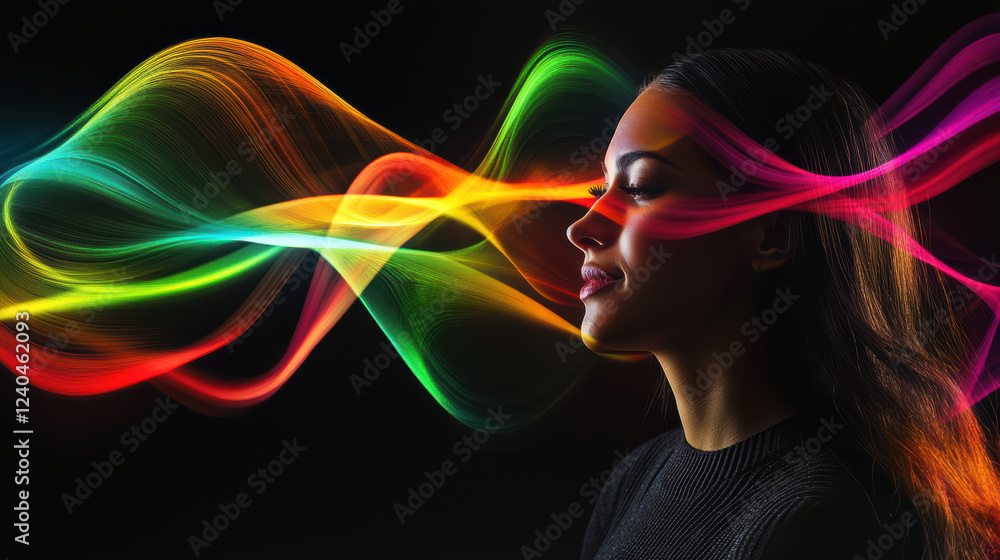 Poster colorful abstract wave representing flow of thoughts emanates from woman head, creating vibrant and 