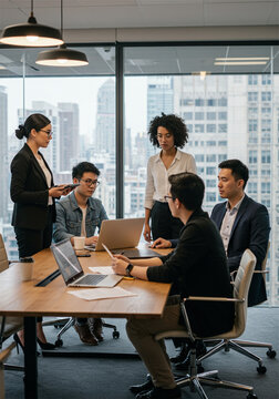 Business professionals in formal attire having a meeting in a modern office with large windows and a cityscape view.
