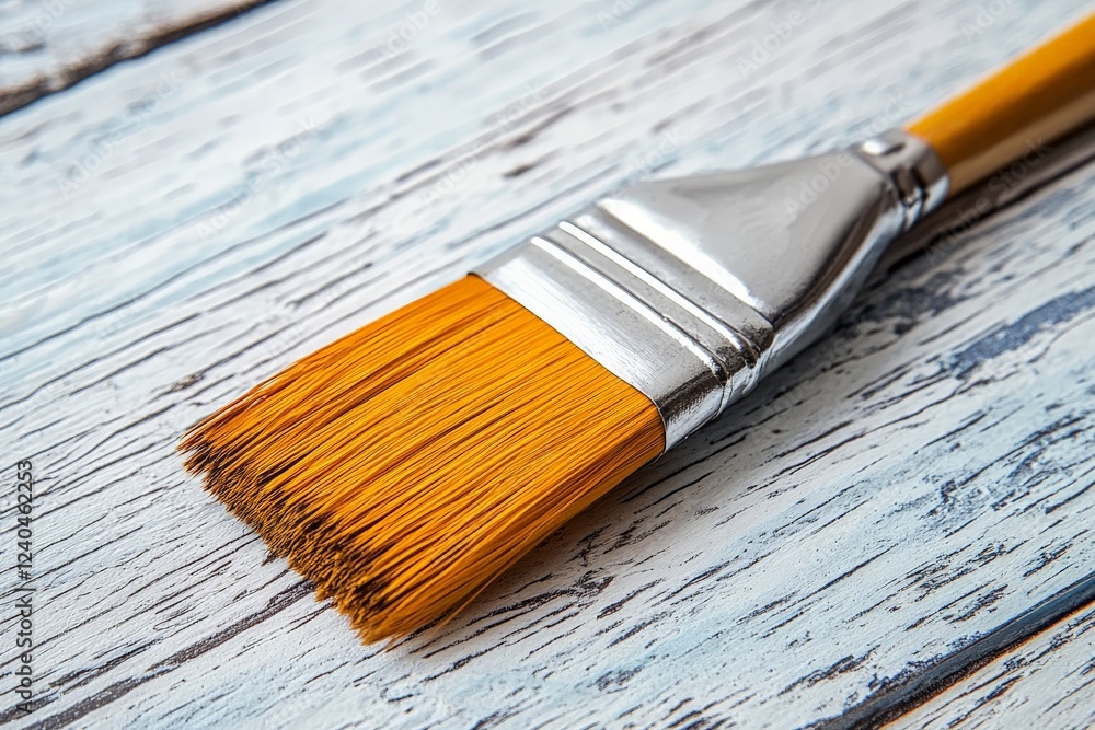 Aufkleber brush with yellow bristles resting on a weathered wooden surface, ideal for creative projects or hom