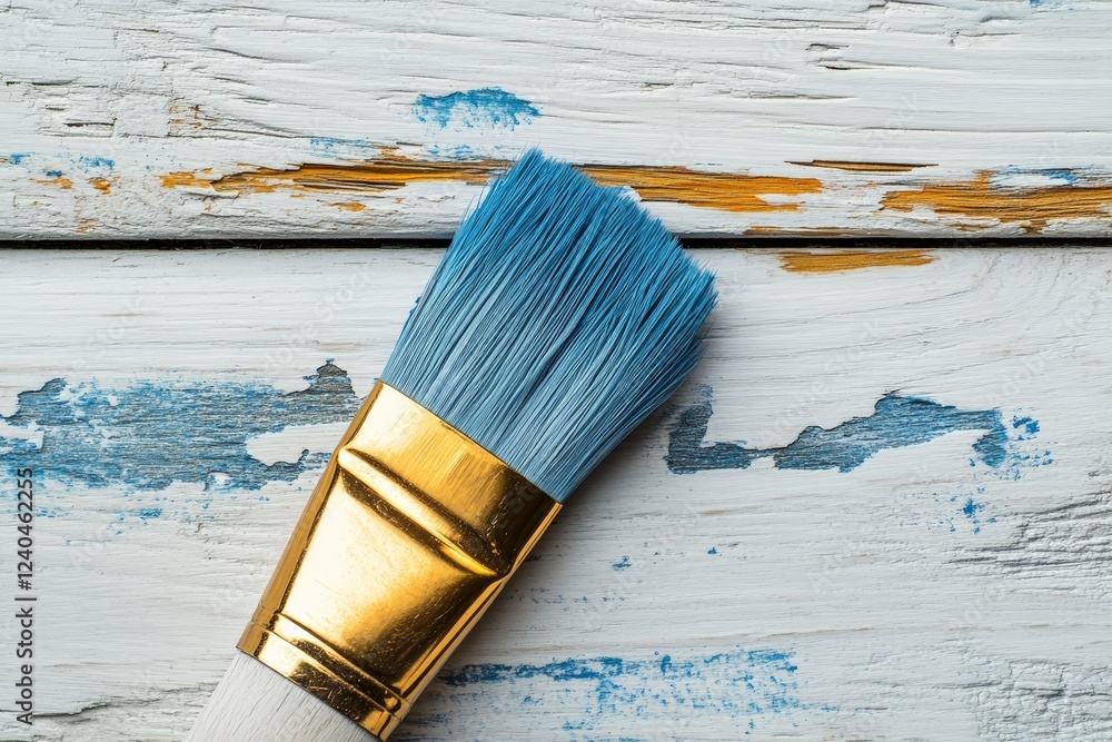Poster brush with blue bristles resting on weathered wood with traces of paint showing signs of creativity 