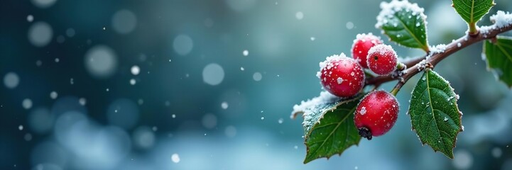 Frosted holly berries on a winter wonderland scene with snowflakes, leaf, holly, branch