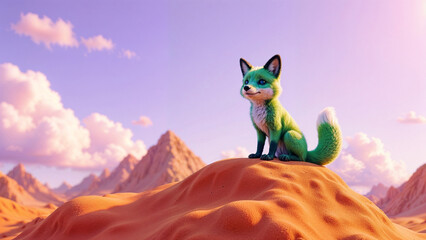 Unique green fox perched on a vibrant orange mountain under a pastel sky during a serene sunset