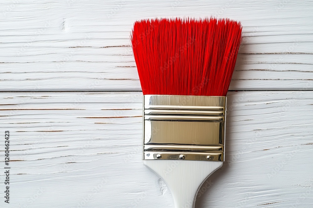 Poster bright red paintbrush resting on a wooden surface ready for creative projects and home improvements