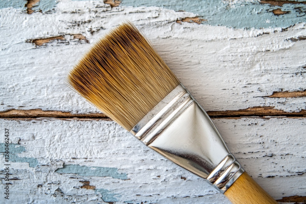 Poster brush with soft bristles resting on weathered wooden surface in creative workspace