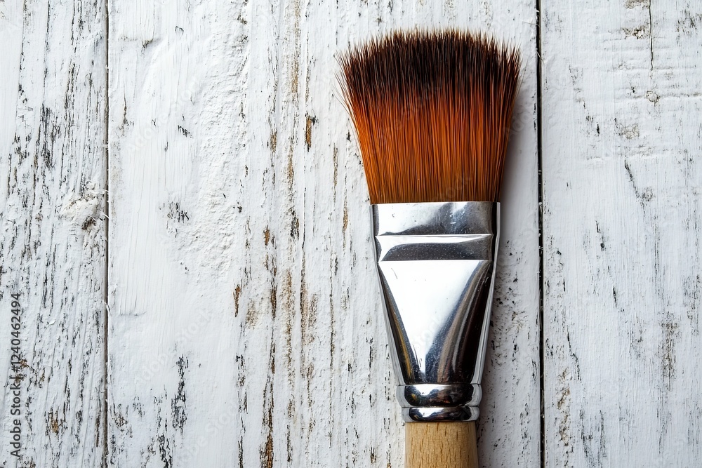 Aufkleber brush with wide bristles resting on a weathered wooden surface in a creative workspace