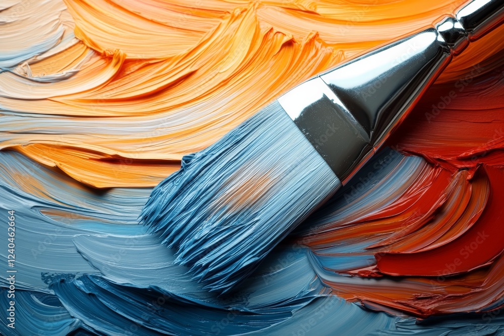 Poster paint brush creates vivid abstract patterns on a colorful canvas with orange, blue, and red hues