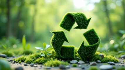 Green recycling symbol formed by lush grass in a sunlit forest during daytime