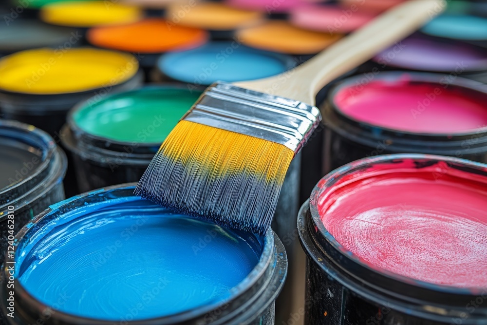 Poster colorful paint cans and a brush create a vibrant atmosphere for artistic expression in a creative wo