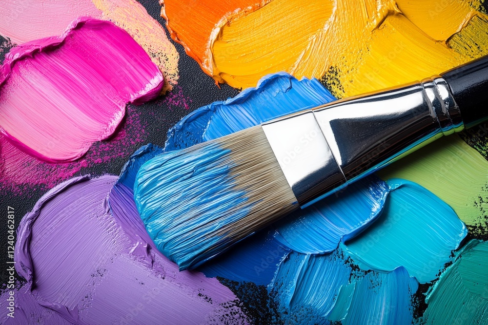 Poster vibrant paint colors spread across a palette with a brush resting on top during an artistic session 