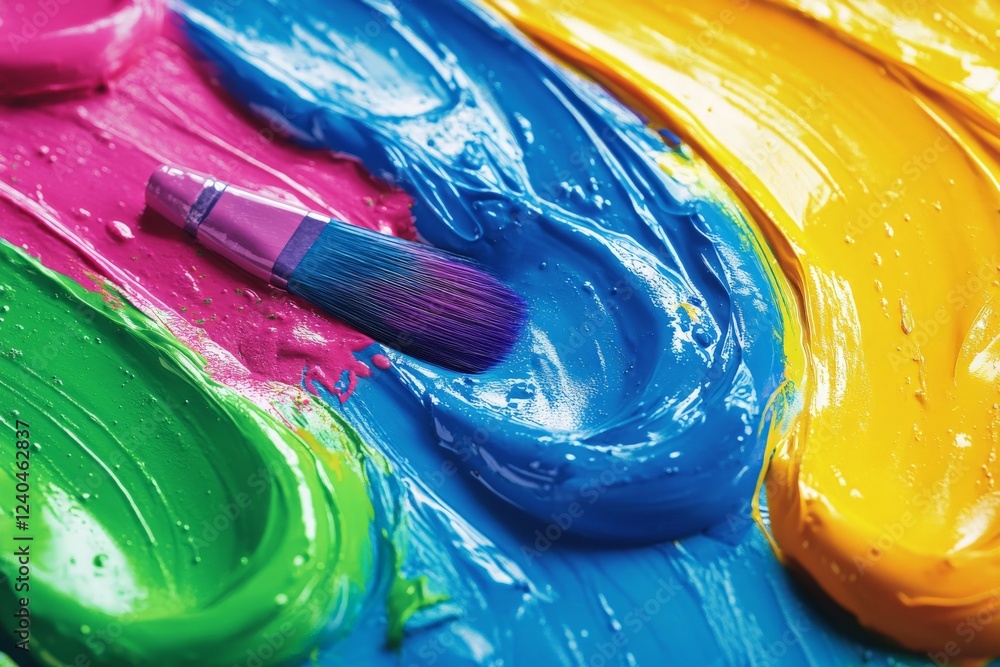 Aufkleber bright colors swirl together on a canvas while a brush rests on a vibrant palette during an artistic