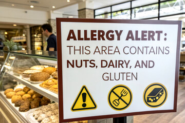 A sign warns customers about allergens in the area, indicating the presence of nuts, dairy, and gluten, alongside caution symbols.