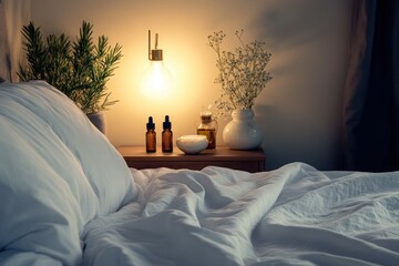 A serene bedroom with crisp white sheets, soft lighting, and essential oils diffusing on the bedside table, creating a relaxing sleep environment.