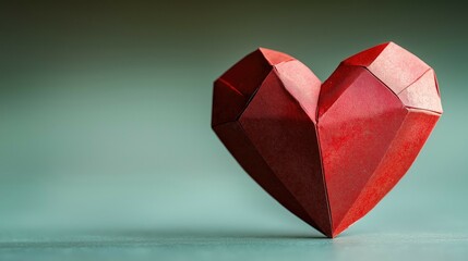 Obraz premium A beautifully crafted red origami heart on a soft green background, symbolizing love, affection, and creativity. Perfect for Valentine's Day or romantic themes.