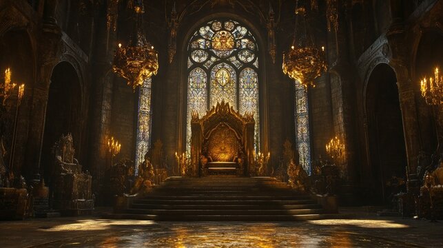 Majestic castle hall featuring a golden throne elevated on a platform, with ornate stone walls and a luminous stained-glass window backdrop.