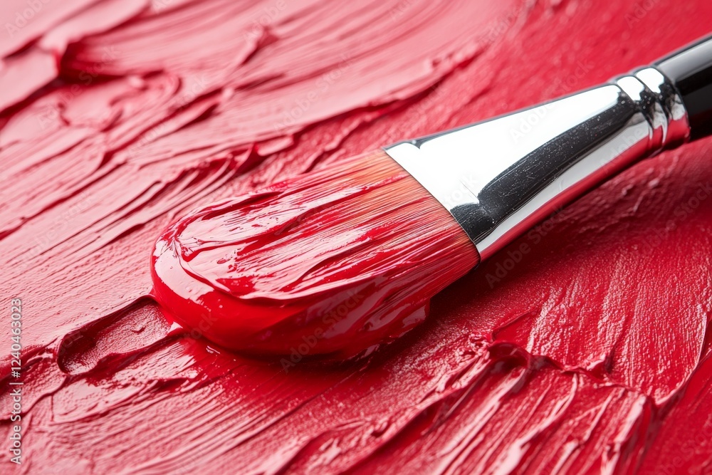 Poster bright red paint applied with a brush on a textured surface shows artist's vibrant work process at s