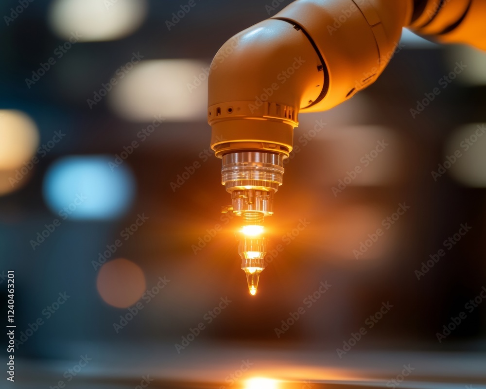 Poster Sleek Industrial Automation Metallic Robotic Arm on Assembly Line with Illuminated Components - Innovative Tech Solutions for Modern Manufacturing Efficiency