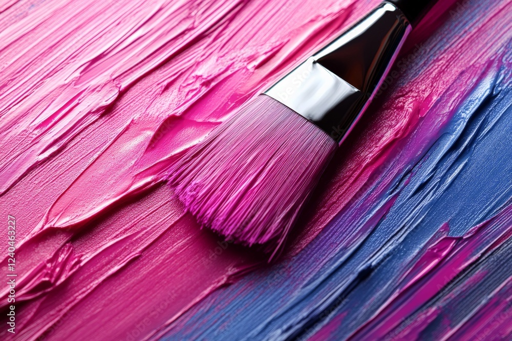 Aufkleber creative process with vibrant pink and blue paint on canvas using a brush for artistic expression
