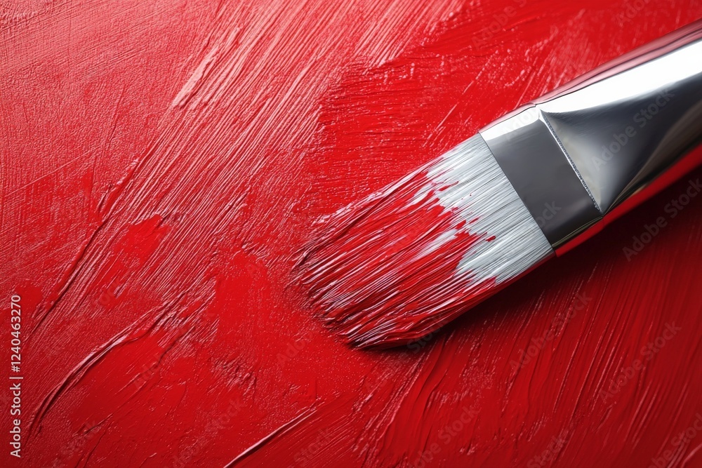 Poster expert artist using paintbrush to create texture on vibrant red canvas during studio session