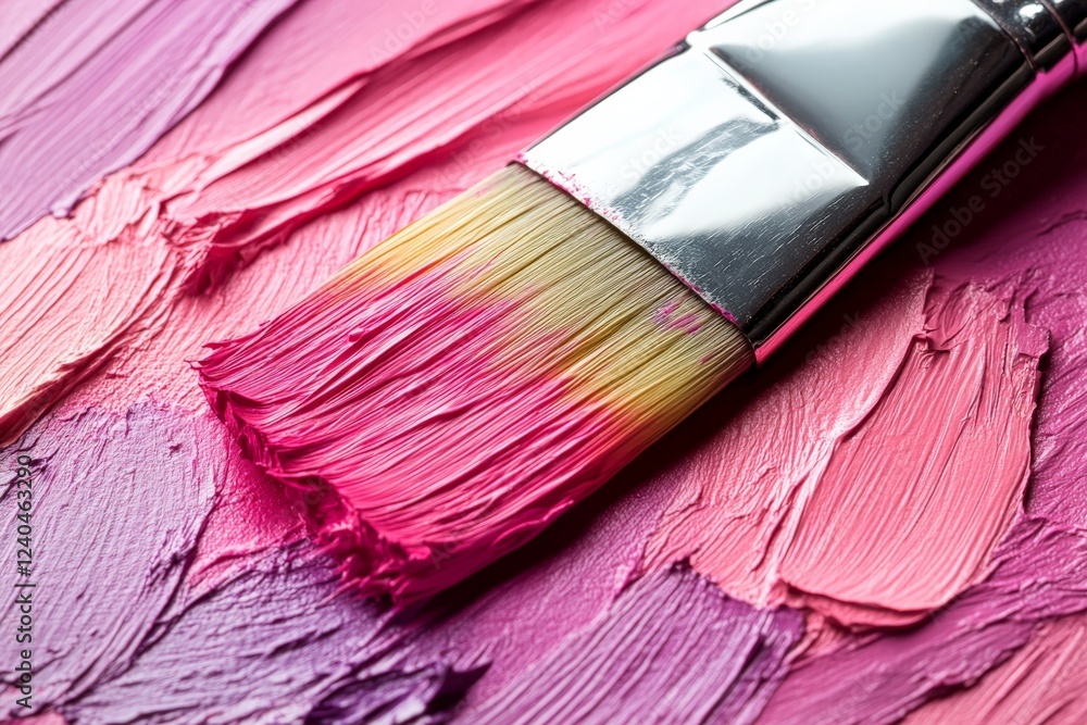 Poster brush applying vibrant pink paint on a textured canvas showcasing artistic creativity and expression