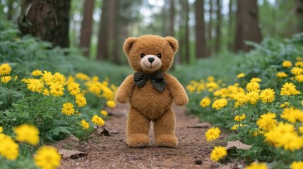 A cute teddy bear standing amidst vibrant yellow flowers in a serene forest, evoking feelings of nostalgia, joy, and childhood innocence.