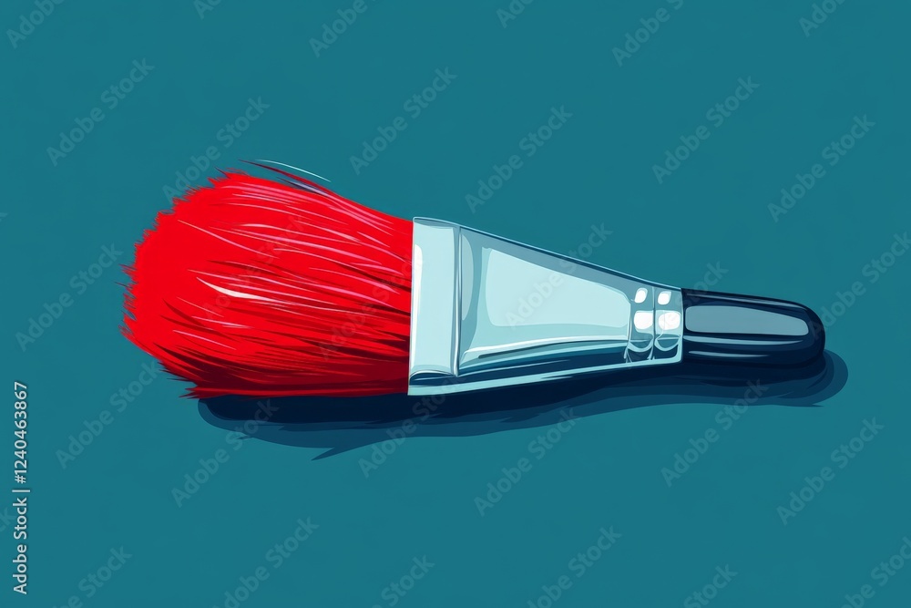 Poster bright red paintbrush resting on a smooth teal surface in a creative workspace