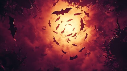 Bats Flying Through a Red and Orange Sky