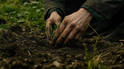 Close-up of hands gently planting a small tree sapling in fertile soil, with green grass in the background.