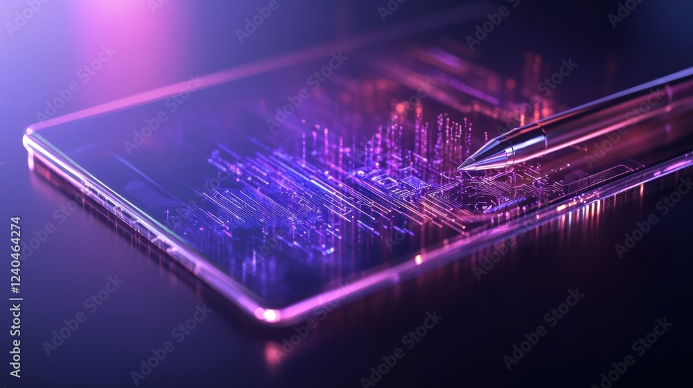 Aufkleber futuristic fintech display transparent tablet with holographic charts and metallic stylus - blockcha