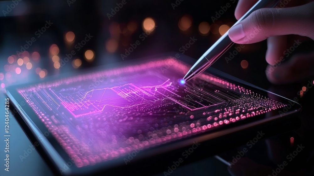 Poster futuristic payment interface holographic charts on transparent tablet with metallic stylus - tech in