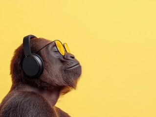 Minimalist Yellow Aesthetic Gorilla with Lined Headphones - Creative Audio Branding and Modern Entertainment Visuals for Marketing and Digital Campaigns