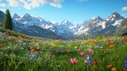 Obraz premium A serene alpine meadow with wildflowers blooming in vivid colors, set against the backdrop of snow-capped peaks and a clear blue sky.