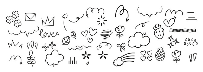 Set cute pen line doodle element with illustration style doodle 